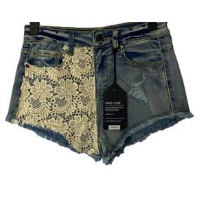 Mind Code Lace Detail Distressed Raw Hem Trim Short Denim Jean Shorts Women Sz S